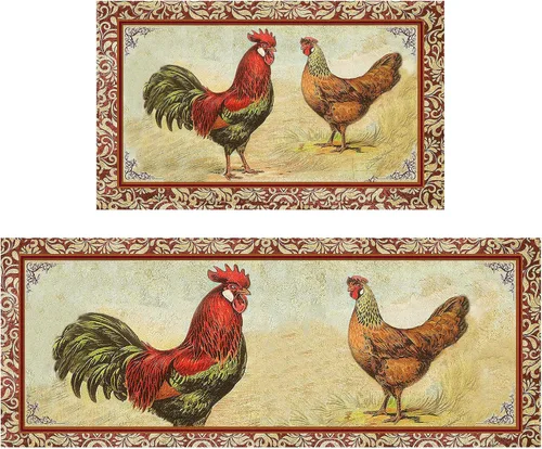 Vista 11 de Juego de 2 alfombras y tapetes de cocina de gallo para piso, alfombra de cocina de gallo de granja, tapete de cocina de pollo negro frente al