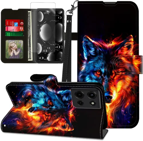 Vista 145 de Funda para Motorola Edge 2022 con protector de pantalla, soporte y tarjetero y correa para la muñeca, funda magnética para Moto Edge 2022 5G UW Lobo