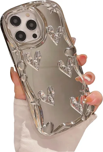 Vista 7 de Funda para iPhone 13 Pro, corazón plateado cromado brillante, funda de teléfono creativa con espejo, corazón 3D chapado con estilo, TPU suave