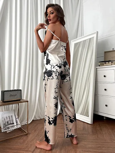 Vista 2 de SheIn Pijama de satén con estampado floral de encaje para mujer, conjunto de pantalones largos