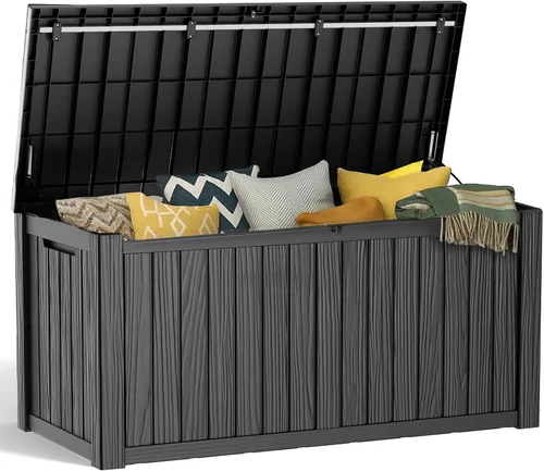 Vista 32 de Caja de resina de 30 galones para terraza, caja de almacenamiento para patio al aire libre con cierre para muebles, herramientas de jardín