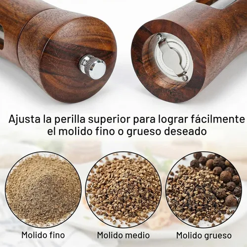 Vista 4 de Juego de molinillo de sal y pimienta de madera, molinillo de sal y pimienta de madera recargable manual de 8 pulgadas con cepillo, bandeja