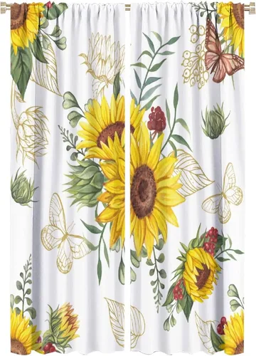 Vista 30 de Cortinas opacas de girasol, diseño natural, de granja, floral, con bolsillo para barra, para ventana, para dormitorio, sala de estar, 42 x 45