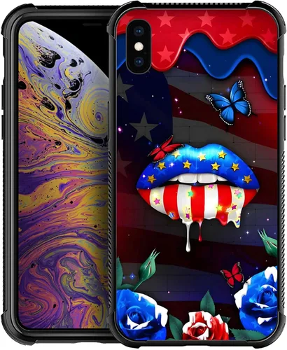 Vista 136 de Funda compatible con iPhone X/XS, diseño de bandera estadounidense de béisbol, TPU suave, a prueba de golpes, de vidrio templado, para iPhone X/XS