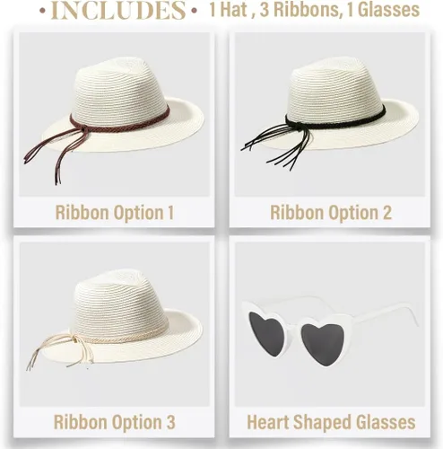 Vista 2 de Funcredible Sombrero Fedora - Sombreros de playa para mujer - Sombreros de paja con lazo y gafas en forma de corazón