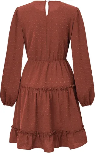 Vista 5 de Vestido midi casual de otoño para mujer, de manga larga, cuello redondo, fruncido, escalonado, con volantes, vestido floral con vuelo, faldas diarias