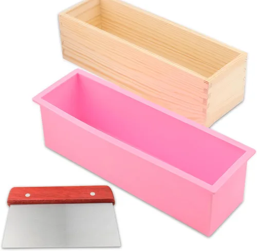Vista 4 de Juego de 5 moldes de silicona para jabón de 45 onzas, juego flexible de 2 moldes rectangulares para hacer jabón con 1 molde de jabón de madera, 1