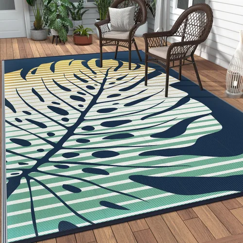 Vista 100 de GENIMO - Alfombra para exteriores de 6 x 9 pies, para patio, espacios amplios, reversible, de pajillas de plástico, alfombra impermeable para Azul