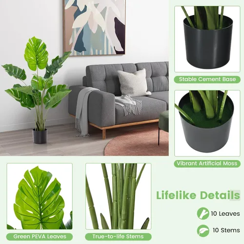 Vista 3 de GOFLAME Planta artificial Monstera Deliciosa, árbol sintético en maceta de 4 pies con 10 hojas falsas verdes, planta de queso suizo para decoración