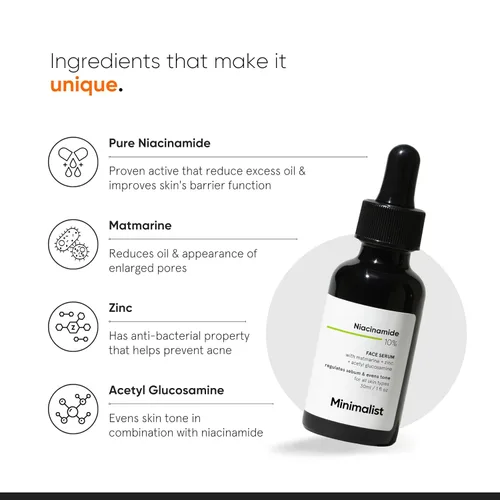 Vista 4 de Minimalist Suero de niacinamida al 10% para control del acné y equilibrio de aceite con zinc, minimizador de poros para la cara, elimina las marcas