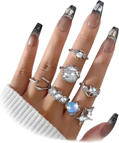 Vista 2 de KISS WIFE Cute Rings Set Multi-style available Y2K Preppy Aesthetic Ring Sets for Teen Girls Women, Colorful Trendy Jewelry Gold Stackable Joint