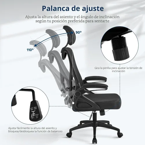 Vista 7 de Yaheetech Silla de oficina ergonómica con reposacabezas, soporte lumbar Negro