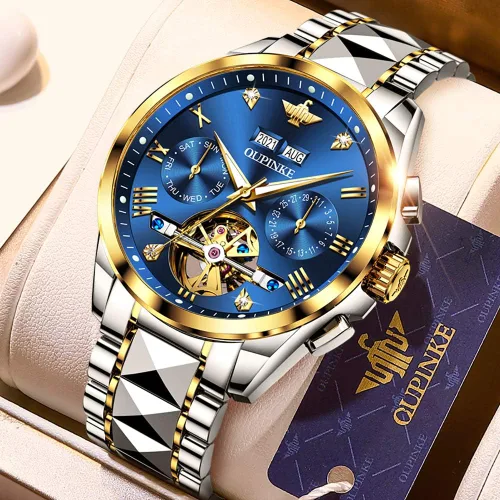 Vista 3 de OLEVS Relojes automáticos de esqueleto mecánico para hombres, 5ATM, impermeables, de tungsteno, acero inoxidable, cuerda automática, para hombre