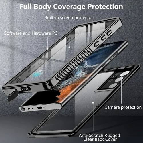 Vista 5 de Temdan Funda impermeable para Samsung Galaxy S22 Ultra, protector de pantalla integrado de 360°, cuerpo completo, resistente, a prueba de golpes