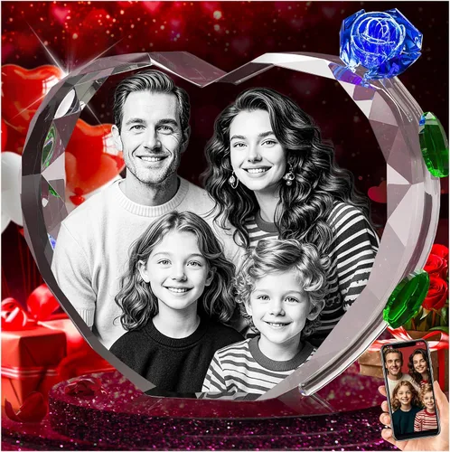 Vista 15 de 3D Crystal Photo with Red Crystal Rose, Personalized Mothers Day Gifts for Mom, Wife, Women, Her, Girlfriend, Couple, Customized Glass Photo