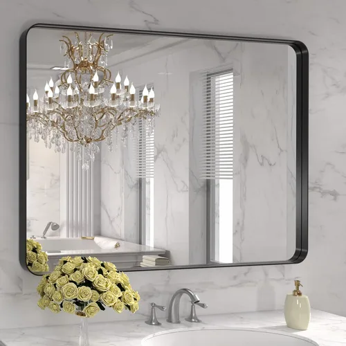 Vista 43 de LOAAO 20x16 Pulgadas Espejo de Baño con Marco de Metal Negro para Pared, Espejo de Tocador de Baño de Estilo Granja, Espejo Grande Rectangular