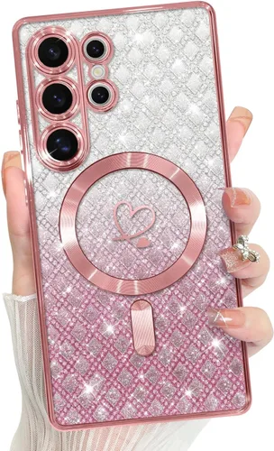Vista 644 de Bonoma - Funda compatible con Samsung Galaxy S21 Plus, diseño de corazón con purpurina, color rosa Support for MagSafe, Plating Magnetic Case TPU