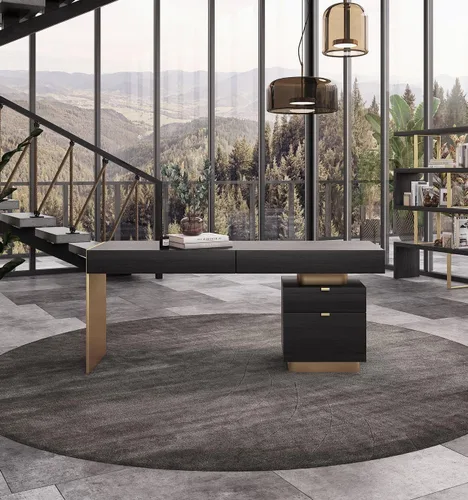 Vista 2 de Limari Home Trajory Collection - Escritorio moderno con acabado de chapa de olmo para oficina en casa con 4 cajones de cierre suave, gris, dorado