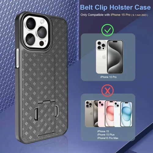Vista 6 de Fingic Funda para iPhone 15 Pro - Carcasa delgada combinada con soporte, funda giratoria con clip para cinturón - Funda protectora resistente a