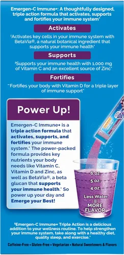 Vista 11 de Emergen-C Immune+ Apoyo Inmunológico de Triple Acción en Polvo, BetaVia (R), 1000 mg de Vitamina C, Vitaminas B, Vitamina D y Antioxidantes, Baya