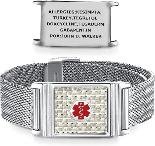 Vista 7 de Alpha - Pulsera unisex de acero inoxidable para identificación de alerta médica, ajustable, talla única