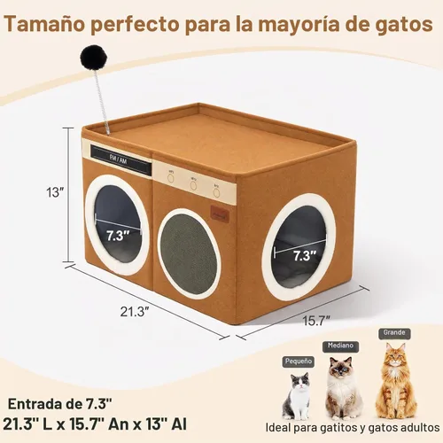 Vista 3 de Retro Radio Cat House, Large Foldable Cat Bed Indoor Cat Cave