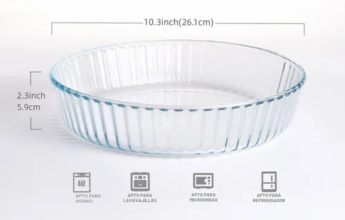 Vista 2 de Plato para hornear de vidrio templado redondo transparente, cazuela de vidrio para horno y lavavajillas.