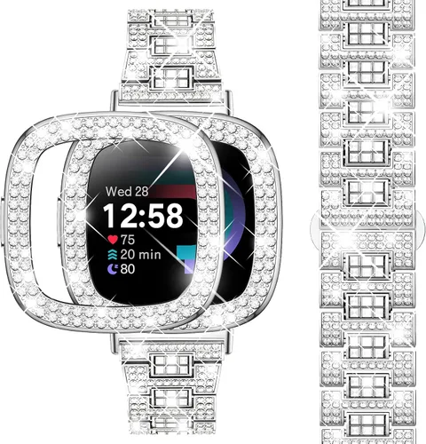 Vista 14 de Dsytom Bling Banda de Reloj Elegante Compatible con Fitbit Versa 4, Sense 2, Versa 3, Sense - Correa Linda con Funda Protectora de Rinstone