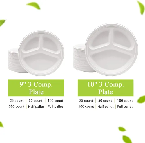 Vista 7 de three leaf platos redondos de bagazo de 10 pulgadas con 3 compartimentos, 25 unidades. Platos de bagazo desechables, 100 % biodegradables