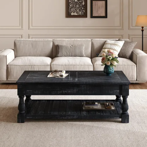 Vista 4 de Henf Mesa auxiliar elevable con almacenamiento, mesas de centro de madera maciza de 47.24 pulgadas con parte superior elevable, 3 bandejas