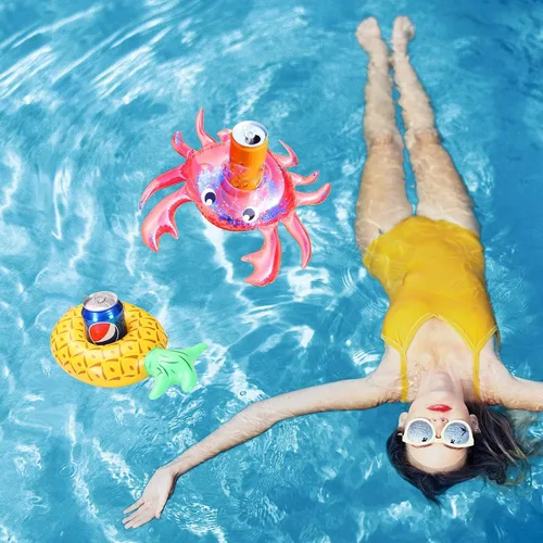 Vista 7 de Soporte inflable para bebidas, paquete de 25 flotadores inflables para bebidas de piscina + 1 bomba de mano, flotadores de bebidas para fiesta