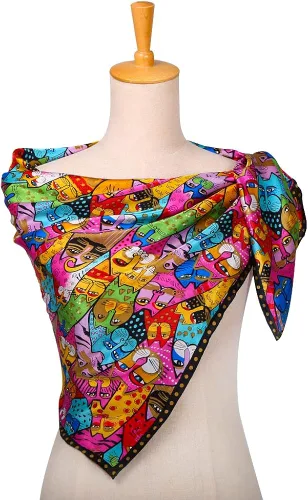 Vista 4 de HeyToo Bufanda cuadrada de seda 100% grande para mujer, colección de arte de lujo, bufanda para el cuello