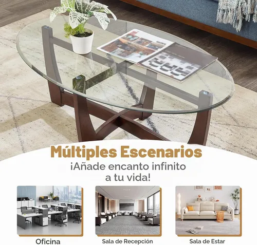 Vista 8 de Mesa de centro ovalada de vidrio de 48 pulgadas con cruz de vidrio templado y base de madera maciza, mesa central simple y moderna para sala