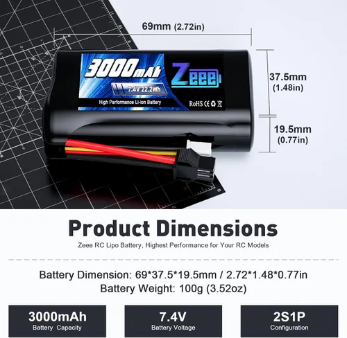 Vista 2 de Zeee 2S - Batería de iones de litio de 3000 mAh, 7.4 V, conector SM 2P, batería recargable RC con cargador de batería de 7.4 V, compatible con WPL