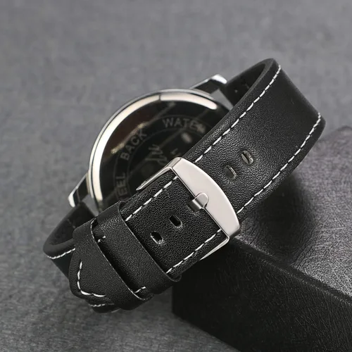 Vista 5 de Reloj de pulsera de cuero negro analógico para hombre con números arábigos y números arábigos