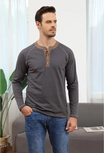 Vista 2 de Aulemen Camisa Henley de manga larga para hombre, casual, ligera, de algodón, básica, manga raglán