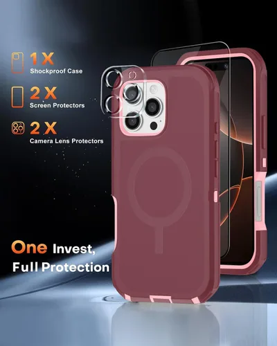 Vista 7 de Funda magnética para iPhone 16 Pro Max resistente con 2 protectores de vidrio templado y protector para lente de cámara, protección de golpes