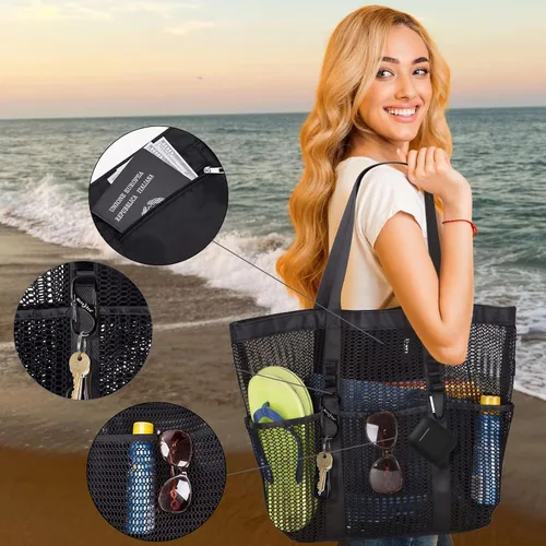 Vista 3 de Bolsa de playa - Bolsa tote de malla para vacaciones en la playa, ropa para mujeres, bolsa para piscina para viajes, piscina, crucero familiar