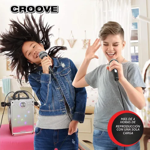 Vista 2 de Croove - Máquina de karaoke recargable para niños, 2 micrófonos, Bluetooth, luces