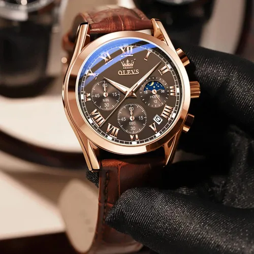 Vista 9 de OLEVS Relojes para hombre, correa de cuero, reloj analógico de cuarzo, reloj impermeable con esfera grande de moda, relojes luminosos de lujo