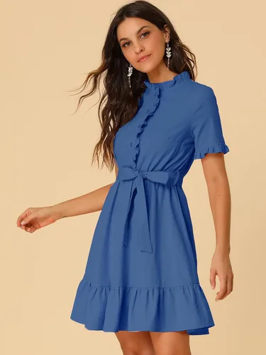 Vista 2 de Allegra K Vestido camisero de algodón ajustado y acampanado para mujer con cinturón y botones frontales con volantes, M