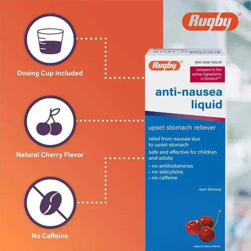 Vista 5 de Rugby - Líquido antináuseas, alivio del malestar estomacal para adultos y niños, sabor a cereza natural, 4 onzas líquidas (paquete de 1)
