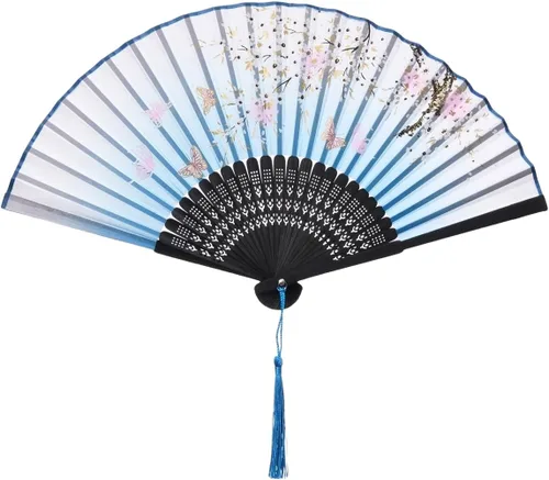 Vista 8 de QIRMIZI 5 ventiladores de mano – Elegantes ventiladores plegables de seda con marcos de bambú, ventilador plegable de flecos huecos, ventilador