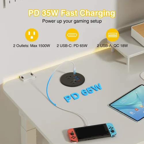 Vista 3 de Ojal de alimentación de escritorio USB-C PD 65W, 2 tomacorrientes 4 puertos Negro USB-C 65W