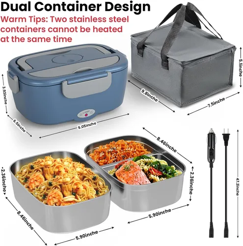 Vista 6 de Sitlais Lonchera eléctrica para adultos, calentador de alimentos portátil de calentamiento rápido con 2 recipientes de acero inoxidable 304 de 53