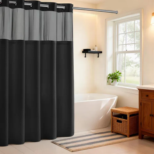 Vista 22 de Cortina de baño River Dream de gran peso sin ganchos necesarios con diseño de gofre punteado y forro a presión - 36W x 74H, de calidad hotelera