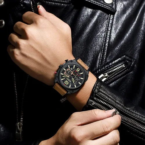 Vista 4 de KAIGOPAW Reloj de cuero para hombre, cuadrado, multifunción, cronógrafo, cuarzo, impermeable, a la moda