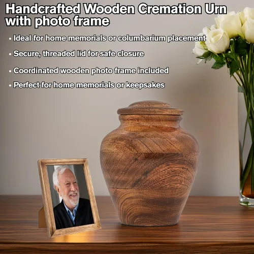 Vista 4 de Urnas de cremación de madera para cenizas humanas con marco de fotos, urna conmemorativa de madera de mango para adultos, hombres y mujeres, urna