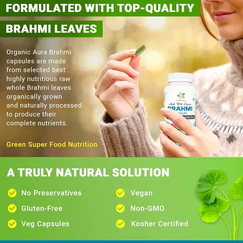 Vista 5 de Organic Aura Cápsulas Brahmi -120 unidades. Fortalece y aumenta naturalmente la inmunidad y la memoria. Superalimento verde entero. Sin OMG, sin