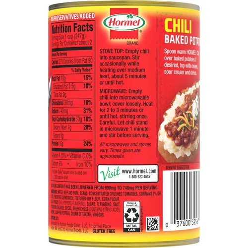 Vista 5 de Hormel Chili con Frijoles, Menos Sodio, (Paquete de 12), Lata de 15 oz de Chili, – 16g de Proteína por Porción, Sin Gluten - Ideal para Platos